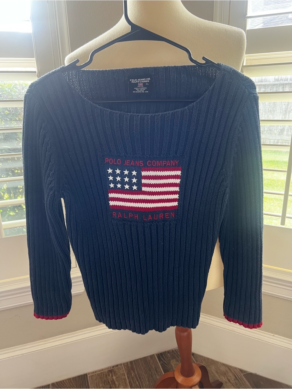 Ralph Lauren Navy Off-the-Shoulder Ribbed Flag Sweater with Red Trim
